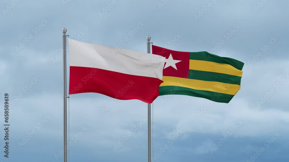 Togo, Togolese Republic and Poland flag waving together on cloudy sky, endless seamless loop, two country cooperation concept Togo, Togolese Republic and Poland flag waving together on cloudy sky, endless seamless loop, two country cooperation concept