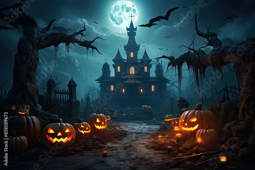 Halloween background with pumpkins and haunted house. Halloween background with Evil Pumpkin. Spooky scary dark Night forrest. Holiday event halloween banner background concept photo