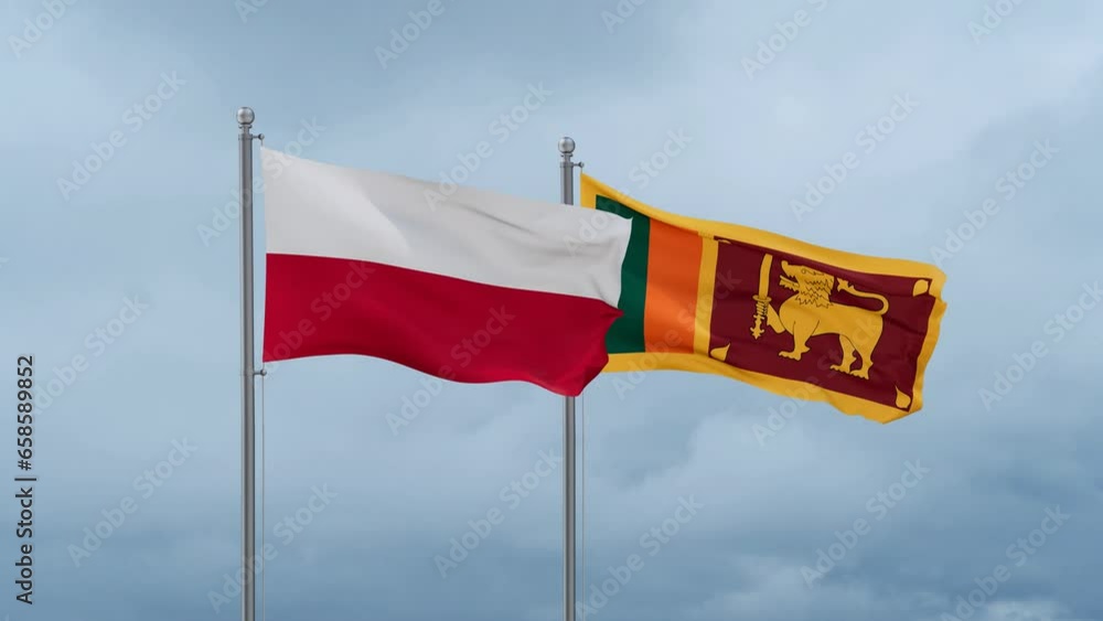 Sri Lanka and Poland flag waving together on cloudy sky, endless seamless loop, two country cooperation concept Sri Lanka and Poland flag waving together on cloudy sky, endless seamless loop, two country cooperation concept