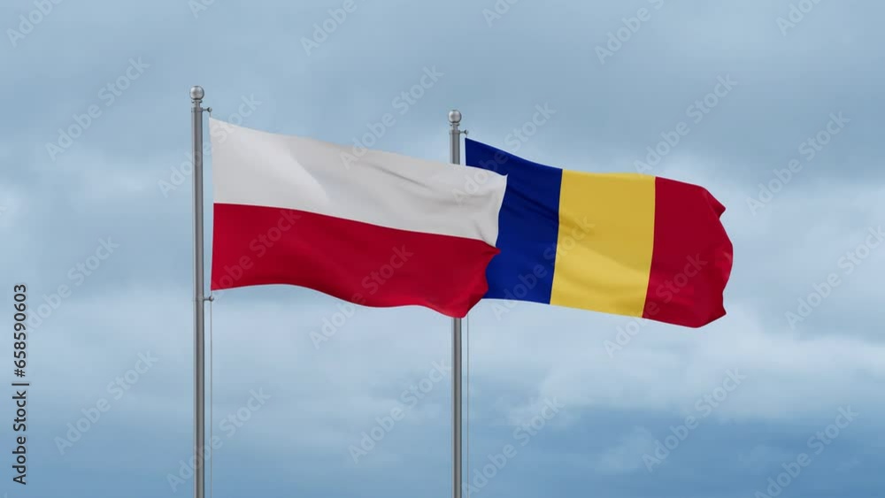 Romania and Poland flag waving together on cloudy sky, endless seamless loop, two country cooperation concept Romania and Poland flag waving together on cloudy sky, endless seamless loop, two country cooperation concept