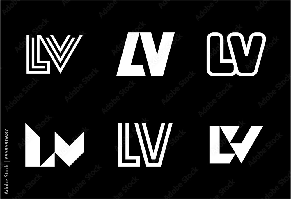 Set of letter LV logos. Abstract logos collection with letters. Geometrical abstract logos Set of letter LV logos. Abstract logos collection with letters. Geometrical abstract logos