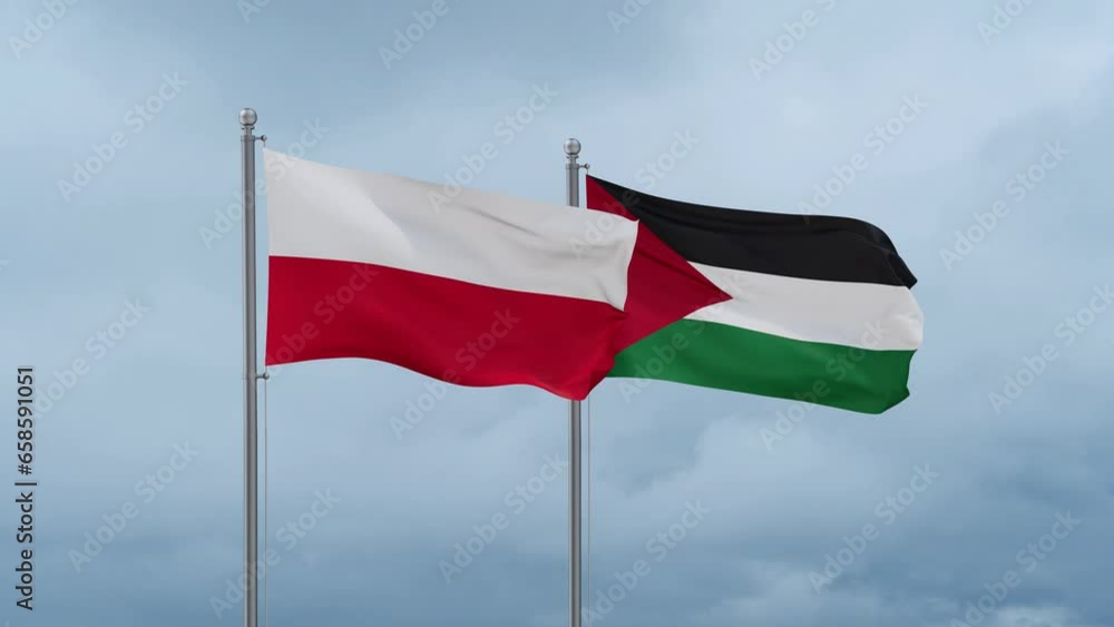Palestine and Gaza Strip flag and Poland flag waving together on blue sky, looped video Palestine and Gaza Strip flag and Poland flag waving together on blue sky, looped video