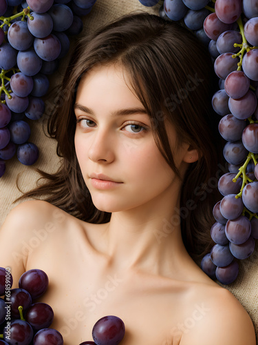 Beautiful woman with bare shoulders posing surrounded by bunches of tasty purple grapes photo