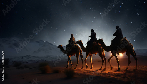 Recreation of the Biblical Magi on camel at night