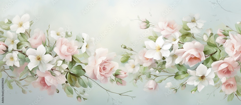 Watercolor bouquet of jasmine and roses in a seamless pattern isolated pastel background Copy space - obrazy, fototapety, plakaty 