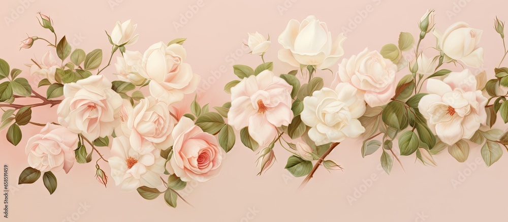 Watercolor bouquet of jasmine and roses in a seamless pattern isolated pastel background Copy space