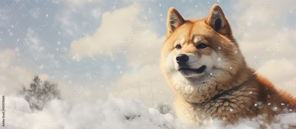 Winter walk of a fluffy Akita inu dog portrait isolated pastel background Copy space