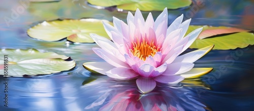 Water flower mirrored by water isolated pastel background Copy space