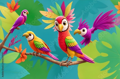 Parrot Birds on a branch - Bright collage with exotic birds and tropical leaves. Floral decoration. Abstract nature background