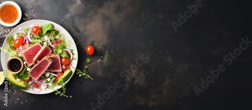Tuna and salad on a isolated pastel background Copy space