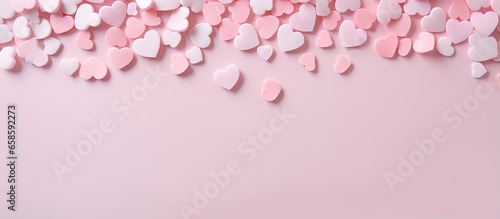 Valentines Day themed pastel background with scattered cute hearts isolated pastel background Copy space