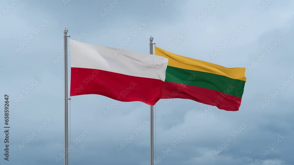 Lithuania flag and Poland flag waving together on cloudy sky, endless seamless loop, two country relations concept Lithuania flag and Poland flag waving together on cloudy sky, endless seamless loop, two country relations concept