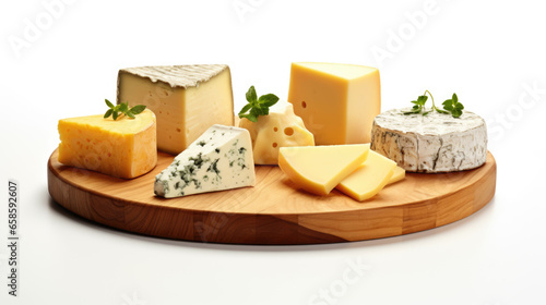 Cheese plate with different types of cheeses on a wooden plate on white background