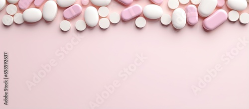 White round medical pills with calcium vitamins closeup on isolated pastel background Copy space with space for text or image