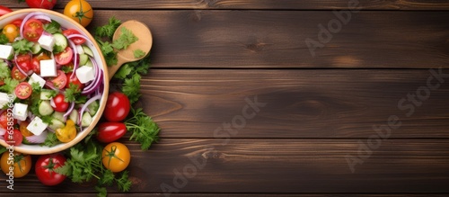 Vegetarian salad with feta cheese on a isolated pastel background Copy space