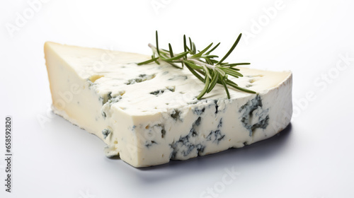 A slice of gorgonzola or dor blu cheese with a sprig of rosemary on a white background