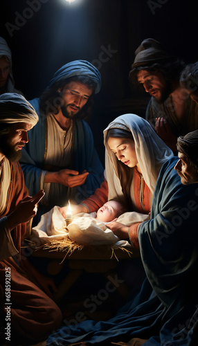 Vertical pictoric recreation of the adoration of Biblical Magi in the birth of jesus baby in nativity scene