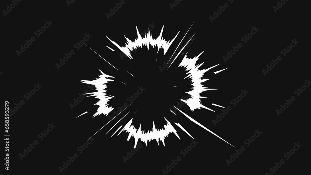 Radial speed Lines in Circle Form for comic books. Radial line break. Explosion line movement. Vector Illustration on a black background.