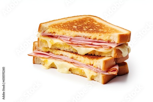 stacked two toasted sandwiches with cheese and ham isolated on white background