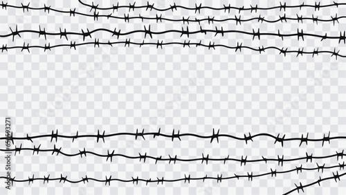 Barbed wire vector fence barb wire border chain. Prison line war barb background metal silhouette.