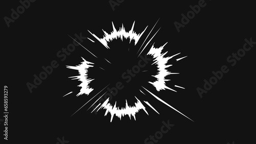 Radial speed Lines in Circle Form for comic books. Radial line break. Explosion line movement. Vector Illustration on a black background.