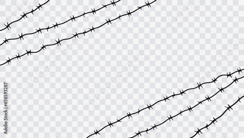 Barbed wire vector fence barb wire border chain. Prison line war barb background metal silhouette.