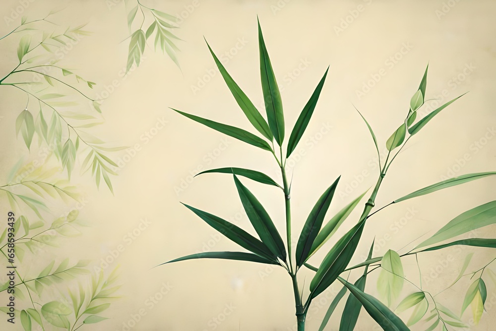 Fototapeta premium bamboo leaves on marble paper background, top view of bamboo leaves