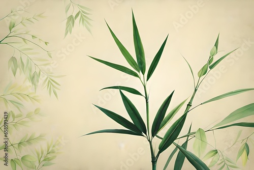 bamboo leaves on marble paper background  top view of bamboo leaves