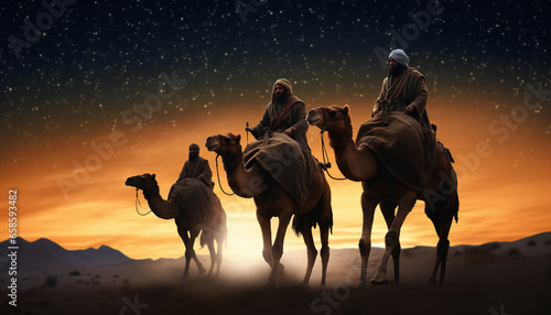 Recreation of the Biblical Magi on camel walking through the desert at night. Illustration AI