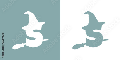 Icono letra inicial S con silueta de sombrero de bruja volando en escoba. Logo para su uso en invitaciones y tarjetas de Halloween