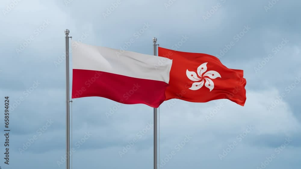 Hong Kong flag and Poland flag waving together on cloudy sky, endless seamless loop, two country relations concept Hong Kong flag and Poland flag waving together on cloudy sky, endless seamless loop, two country relations concept