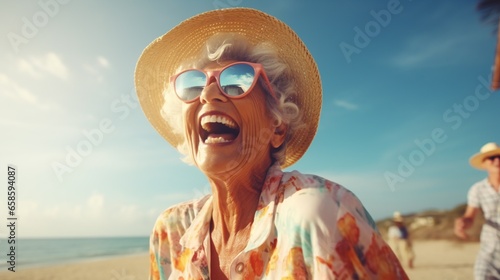 Vibrant Senior. Embracing the Beauty of Life with Laughter on the Beach 