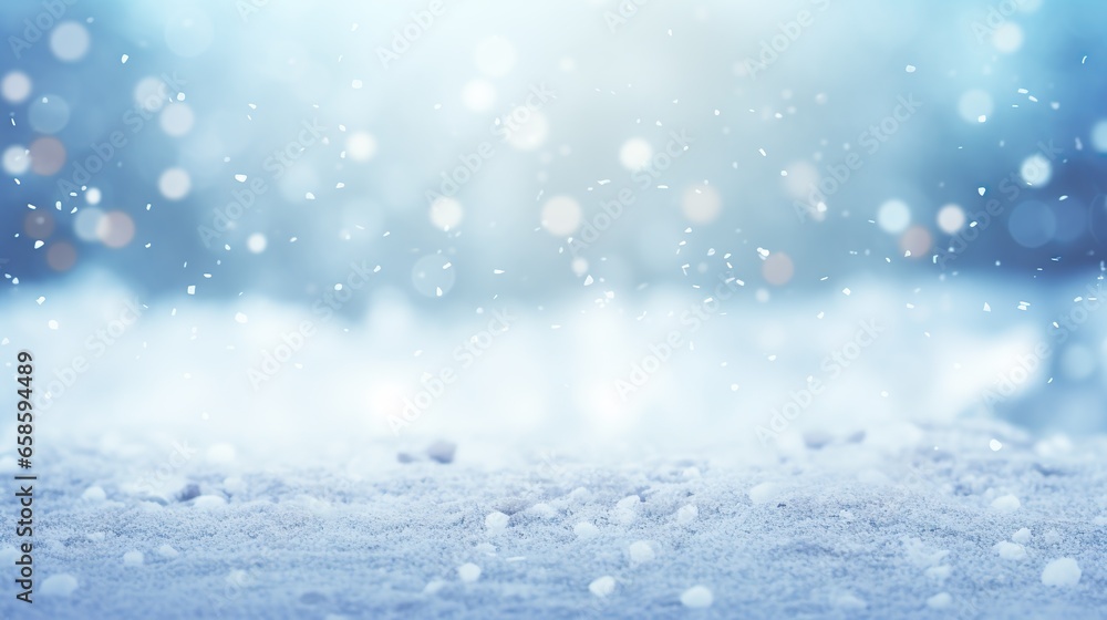 Winter Snow Background, Tranquil Snowy Landscape with Bokeh Lights, Beautiful Light and Snow Flakes, blue sky, Banner with Copy Space