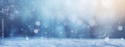 Winter Snow Background  Tranquil Snowy Landscape with Bokeh Lights  Beautiful Light and Snow Flakes  blue sky  Banner with Copy Space