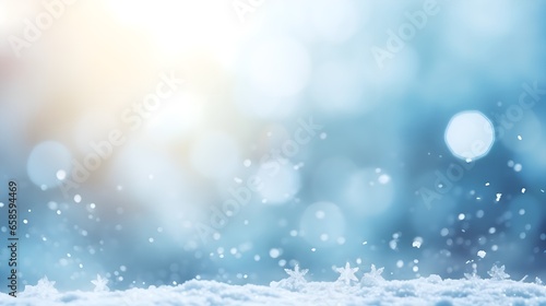 Winter Snow Background, Tranquil Snowy Landscape with Bokeh Lights, Beautiful Light and Snow Flakes, blue sky, Banner with Copy Space