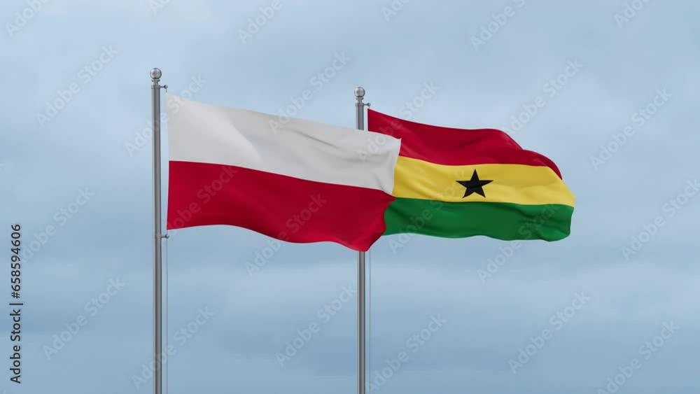 Ghana flag and Poland flag waving together on cloudy sky, endless seamless loop, two country relations concept Ghana flag and Poland flag waving together on cloudy sky, endless seamless loop, two country relations concept