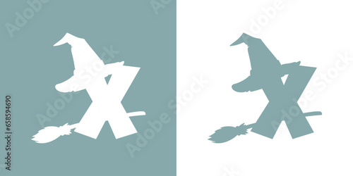 Icono letra inicial X con silueta de sombrero de bruja volando en escoba. Logo para su uso en invitaciones y tarjetas de Halloween