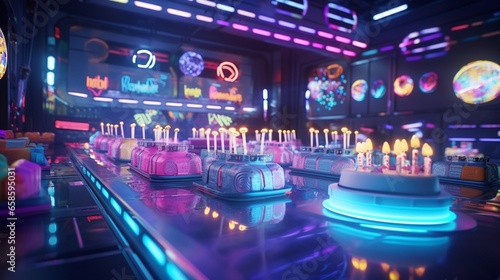 a futuristic sci-fi birthday party with holographic decorations and neon lights. 