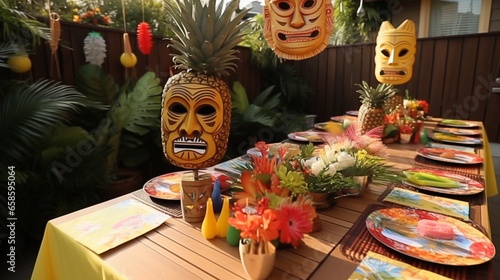 a Hawaiian luau birthday party with tiki masks, tropical fruits, and bamboo decorations. 