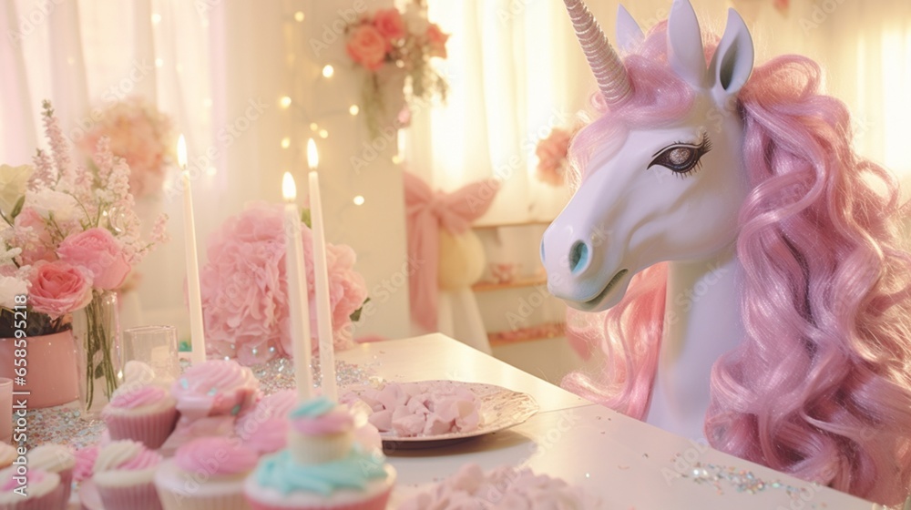 a magical unicorn-themed birthday party with pastel rainbows, glittery decorations, and unicorn figurines. 