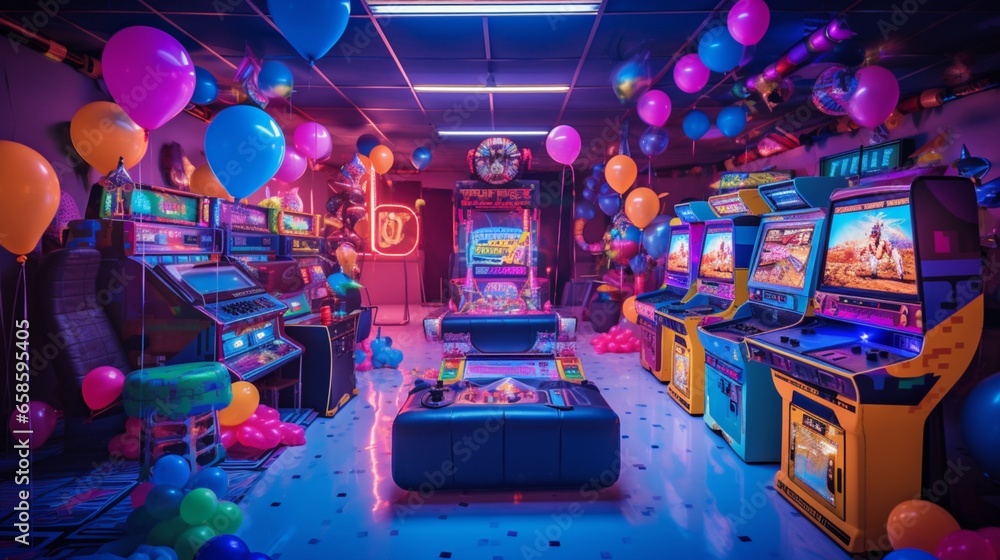 a retro 2024s-themed birthday party with neon colors, cassette tapes, and arcade game decorations. 