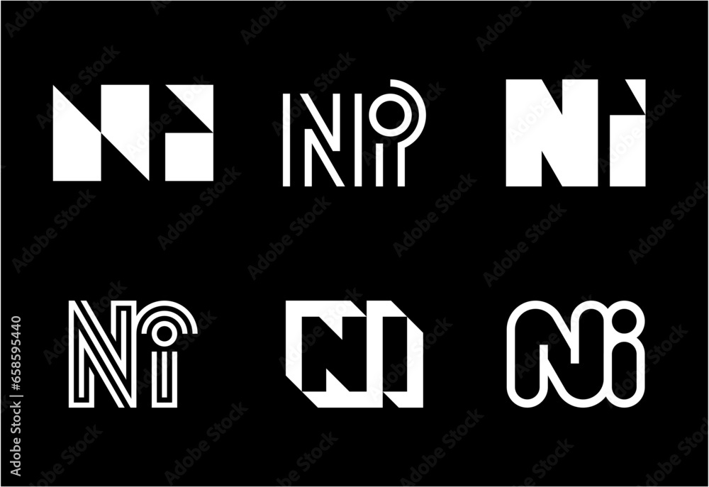 Set of letter NI logos. Abstract logos collection with letters. Geometrical abstract logos