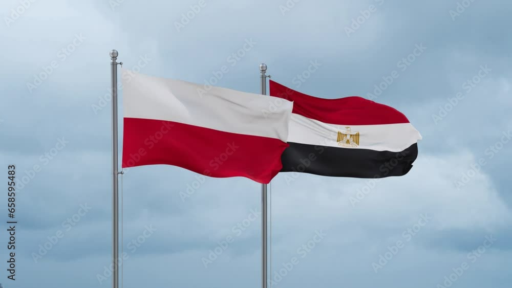 Egypt flag and Poland flag waving together on cloudy sky, endless seamless loop, two country relations concept Egypt flag and Poland flag waving together on cloudy sky, endless seamless loop, two country relations concept