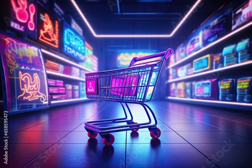 Wallpaper Mural Digital shopping delight. Neon lit online store. E commerce revolution. Brighten cart with light. Tech savvy. Storefront experience Torontodigital.ca