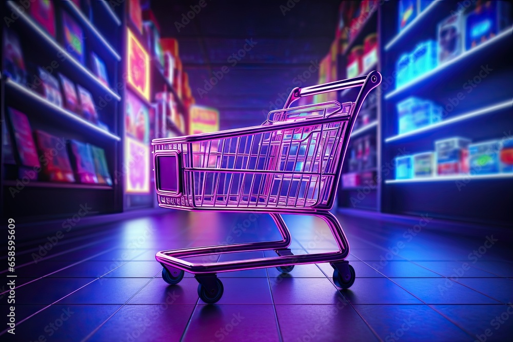 Digital shopping delight. Neon lit online store. E commerce revolution. Brighten cart with light. Tech savvy. Storefront experience Digital shopping delight. Neon lit online store. E commerce revolution. Brighten cart with light. Tech savvy. Storefront experience