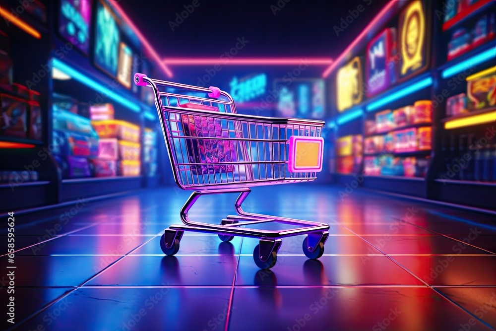 Digital shopping delight. Neon lit online store. E commerce revolution. Brighten cart with light. Tech savvy. Storefront experience Digital shopping delight. Neon lit online store. E commerce revolution. Brighten cart with light. Tech savvy. Storefront experience