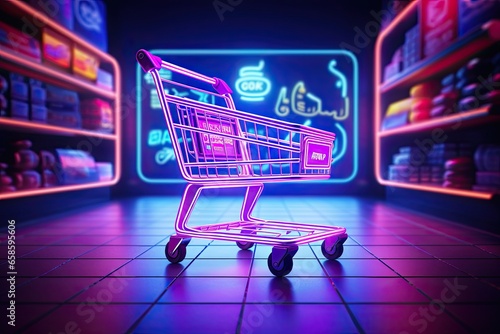 Wallpaper Mural Digital shopping delight. Neon lit online store. E commerce revolution. Brighten cart with light. Tech savvy. Storefront experience Torontodigital.ca