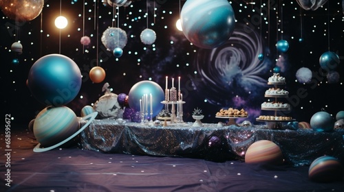 a space-themed birthday party with cosmic decorations  planetary backdrops  and shimmering stars. 