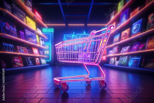 Wallpaper Mural Digital shopping delight. Neon lit online store. E commerce revolution. Brighten cart with light. Tech savvy. Storefront experience Torontodigital.ca