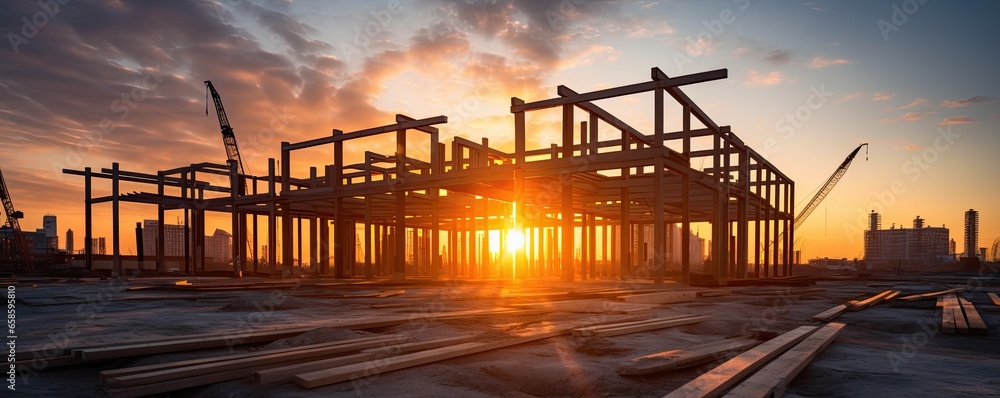 Banner construction site and sunset, structural steel beam build large residential buildings.